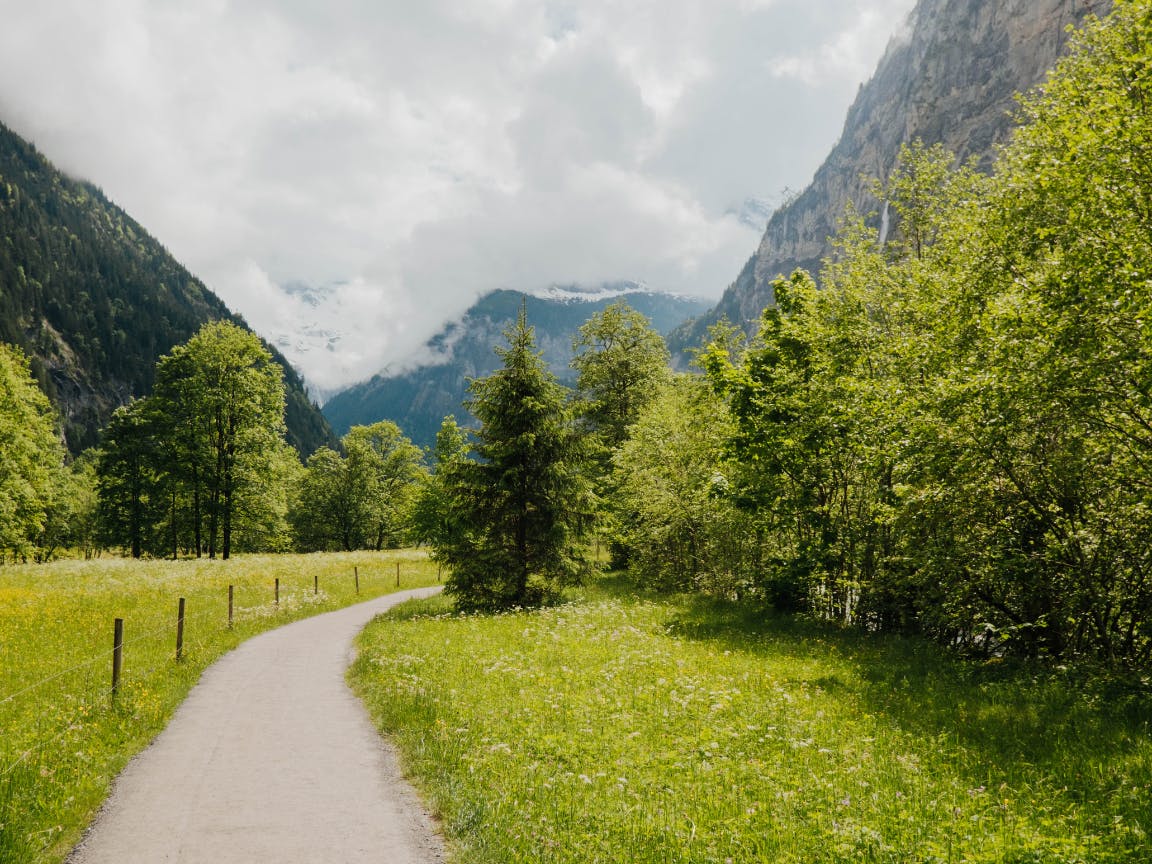 Spazierweg im Lauterbrunnental zwischen Felswänden umgeben von grünen Büschen, Bäumen und Wiesen