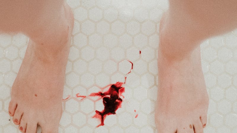 A floor stained with menstruation blood