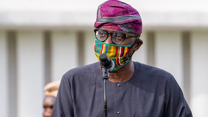 The Governor of Lagos state, Babajide Sanwo-Olu wearing a cloth face mask