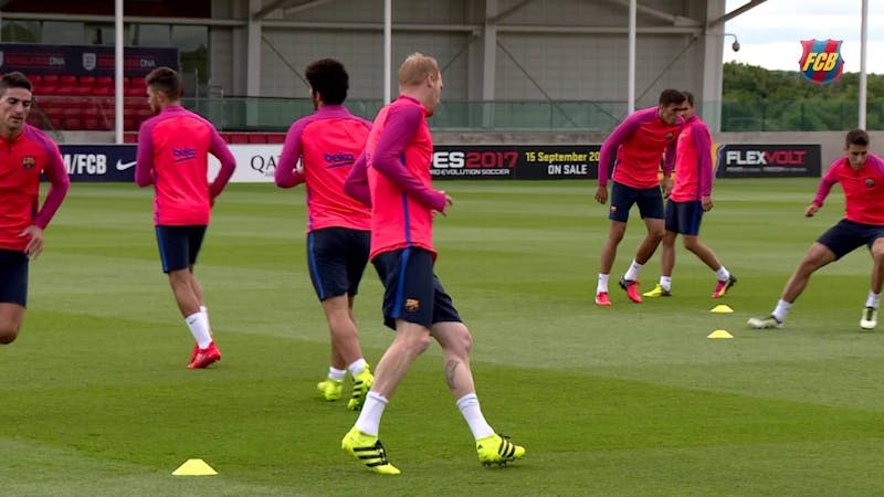 Barcelona players during a training session