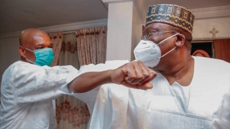 Nigerian Senate president Ahmed Lawan and Former Abia state governor, Orji Uzor Kalu during a visit to the latter's house by Nigerian senators.