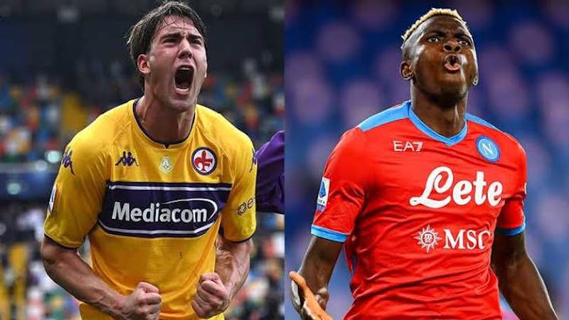 A collage of expressive Dusan Vlahovic of Fiorentina and Victor Osimhen