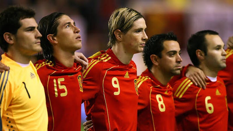 Iker Casillas, Sergio Ramos, Fernando Torres, Xavi Hernandez, Andres Iniesta line up for the Spanish national team