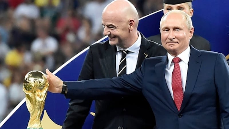 Moscow -Russia August 20, 2018, President of Russia Vladimir Putin, during the World Cup Champion Trophy Award Ceremony alongside FIFA President Gianni Infantino and Croatian President Kolinda Grabar