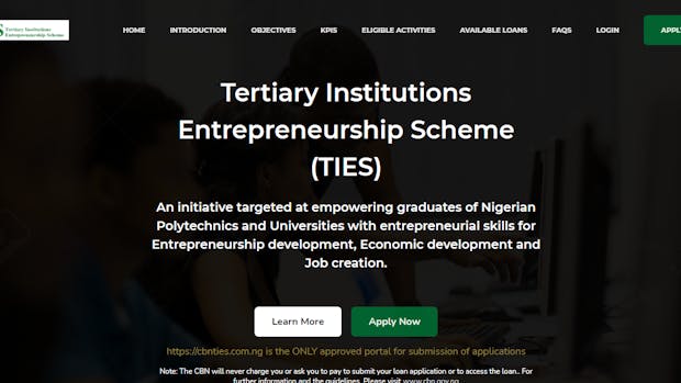 The application homepage for the CBN TIES term loan.