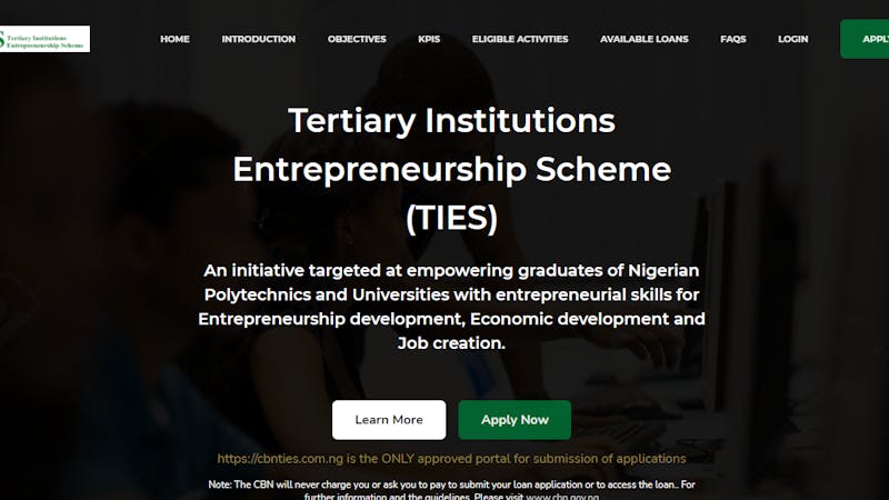 The application homepage for the CBN TIES term loan.