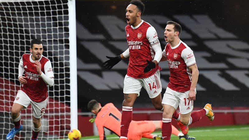 Arsenal' Aubameyang celebrates his second goal against Leeds United