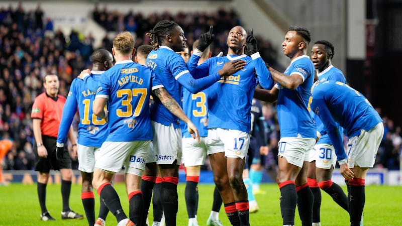 Joe Aribo mobbed by teammates, as he celebrates scoring for Rangers against Luzern