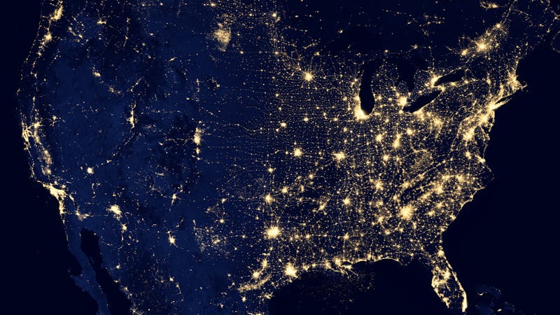 A satellite image which shows the USA at night time.