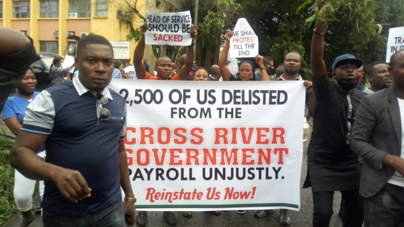 Civil Servants whose names were delisted by the Ayade led administration shut down the state by carrying different placards to register their grievances
