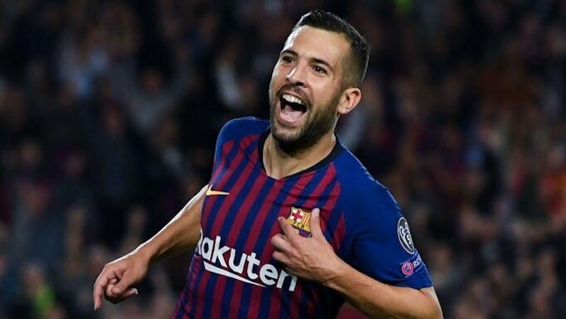 FC Barcelona star Jordi Alba celebrating in the club home kit