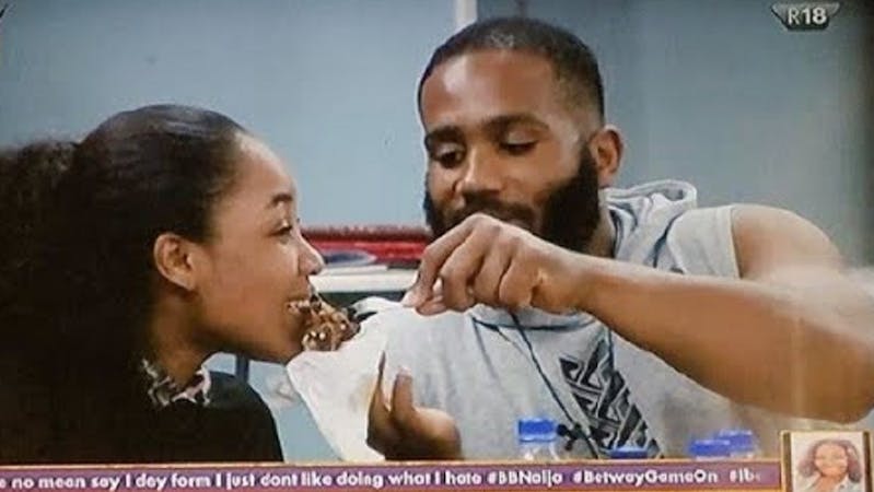Erica and Kiddwaya of BBNaija feeding each other