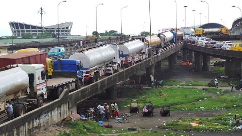 Petroleum tanker drivers park their tankers along the Lagos highway