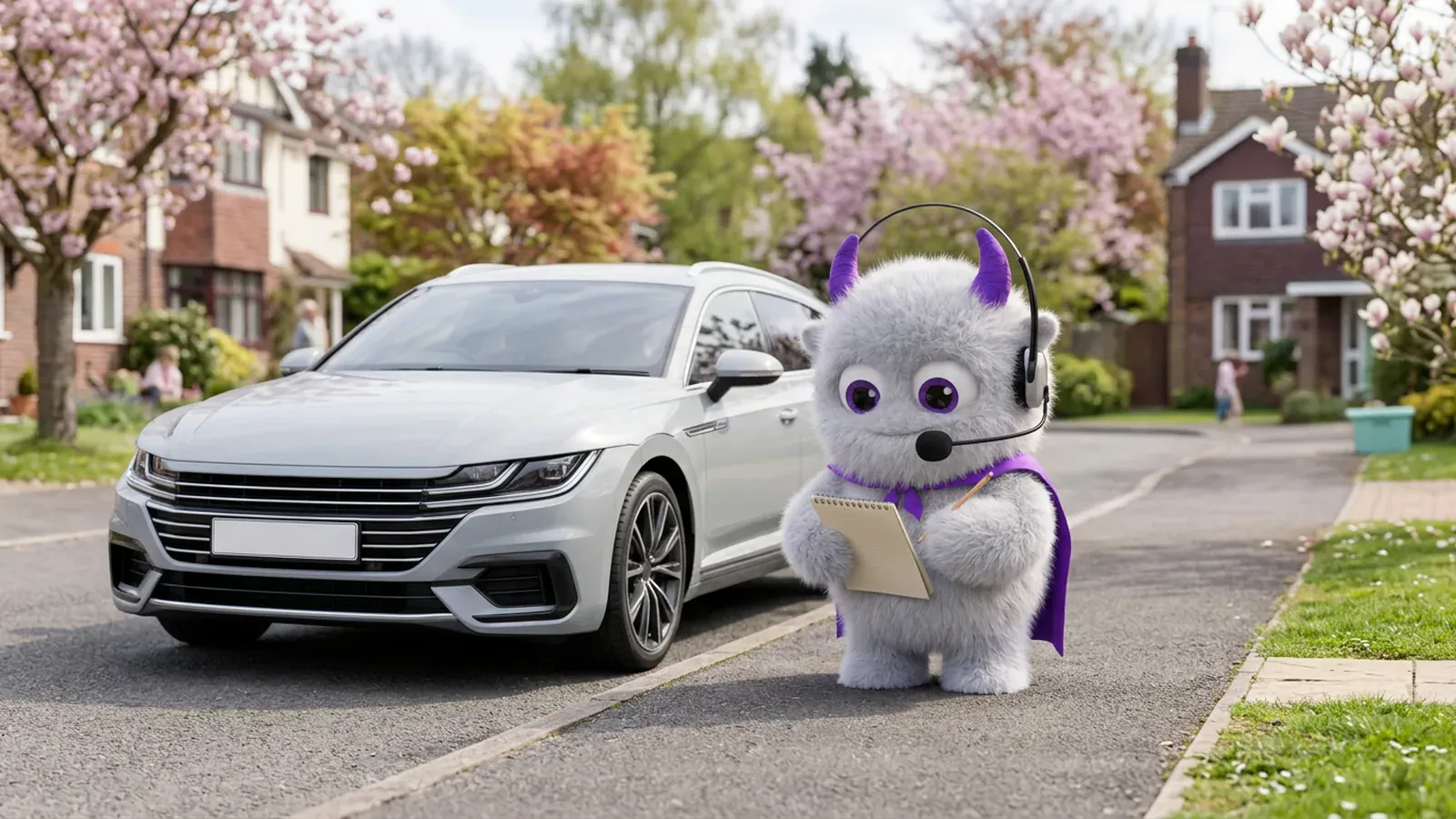 The Claimsline mascot writing in a notebook beside a parked estate car on a suburban street in spring.
