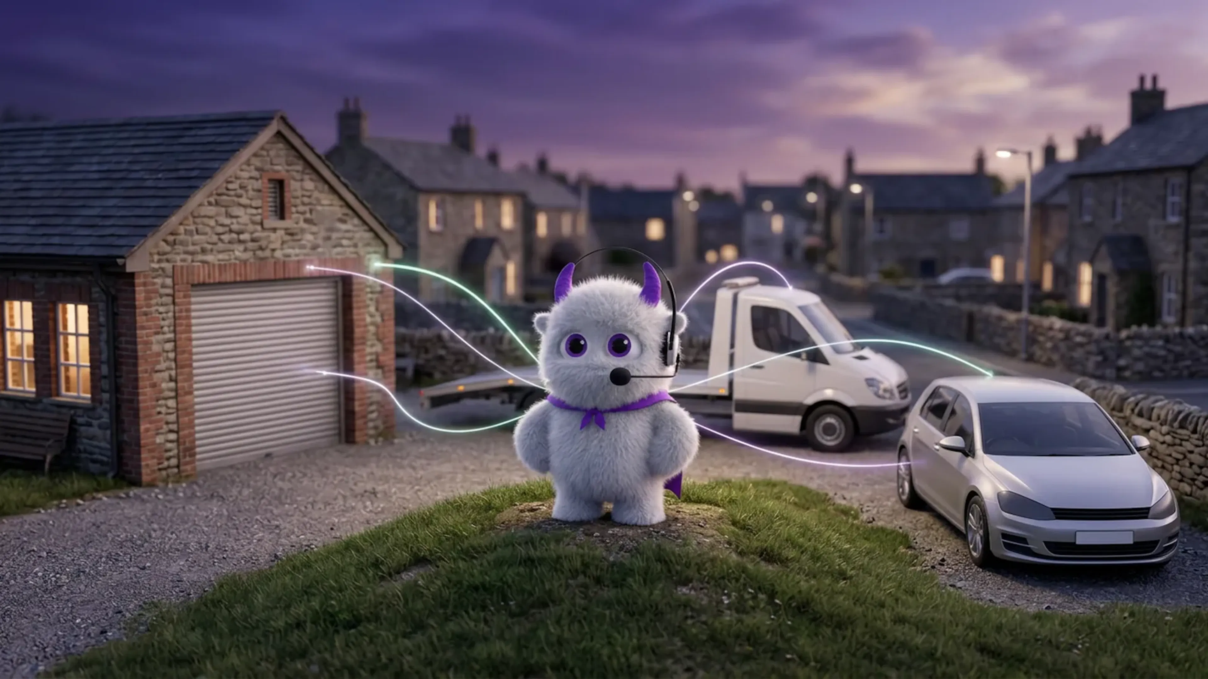 The Claimsline mascot on a grassy rise at dusk, with glowing lines linking a garage, a recovery truck and a parked car.