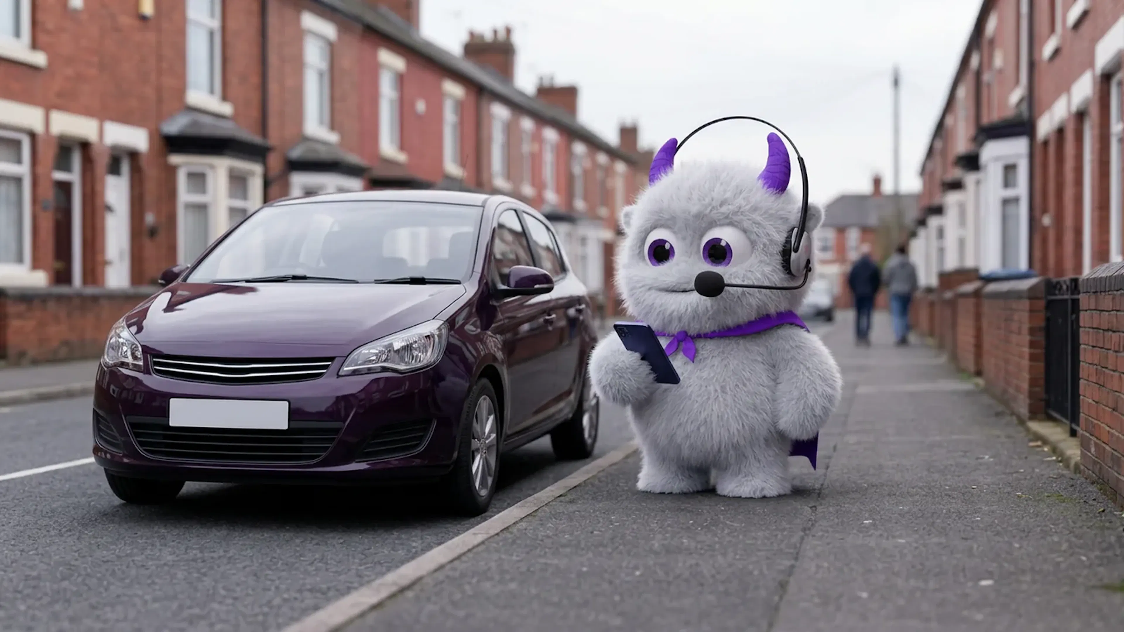 The Claimsline mascot holding a phone beside a parked purple hatchback on a terraced UK street.
