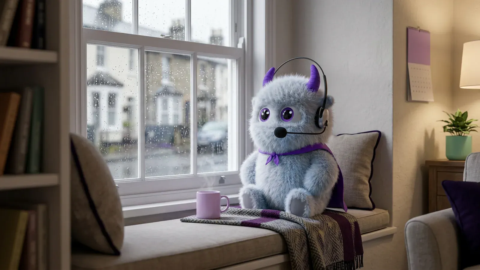 The Claimsline mascot sitting on a window seat, looking out at a rainy street.
