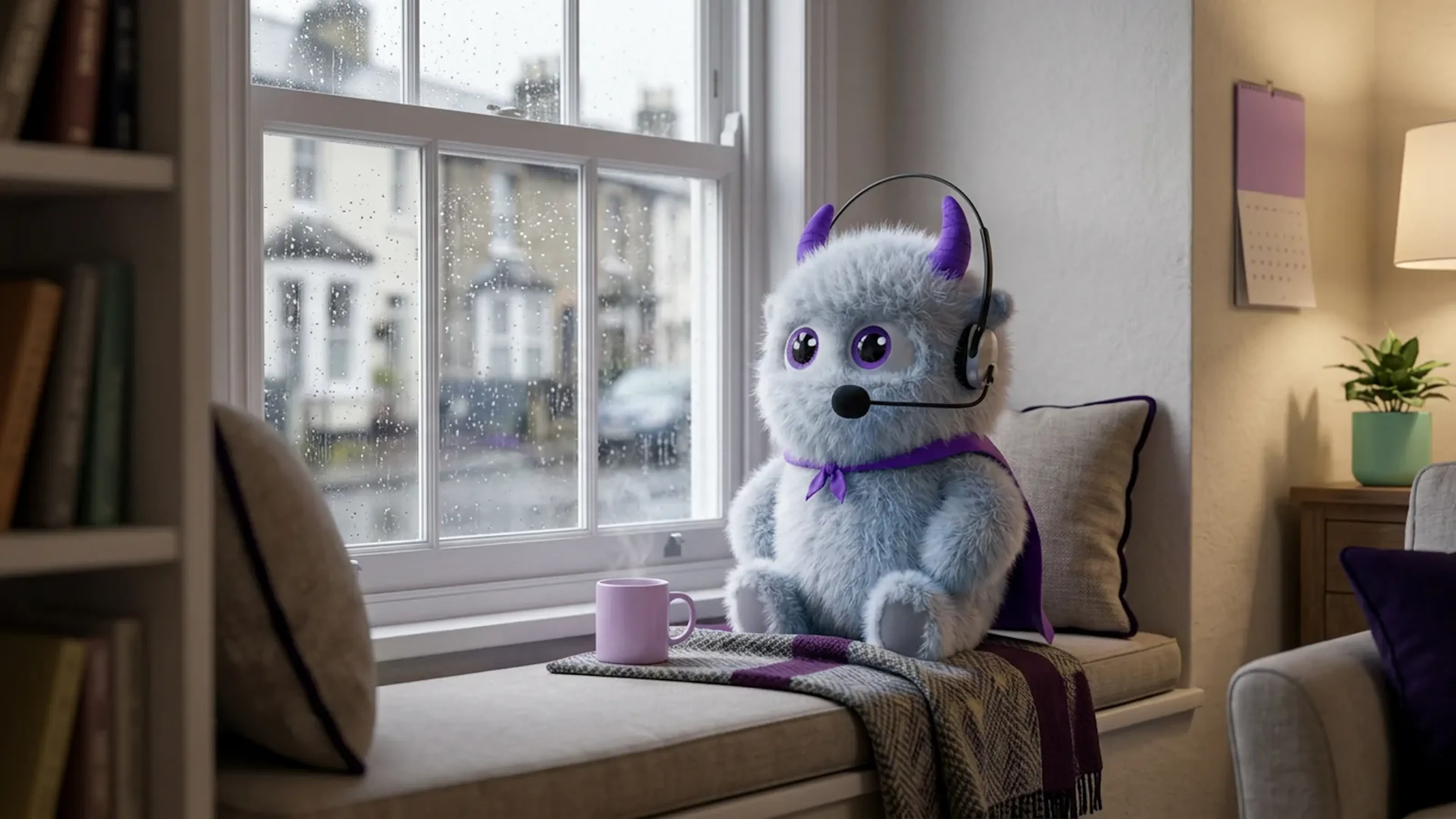 The Claimsline mascot sitting on a window seat, looking out at a rainy street.