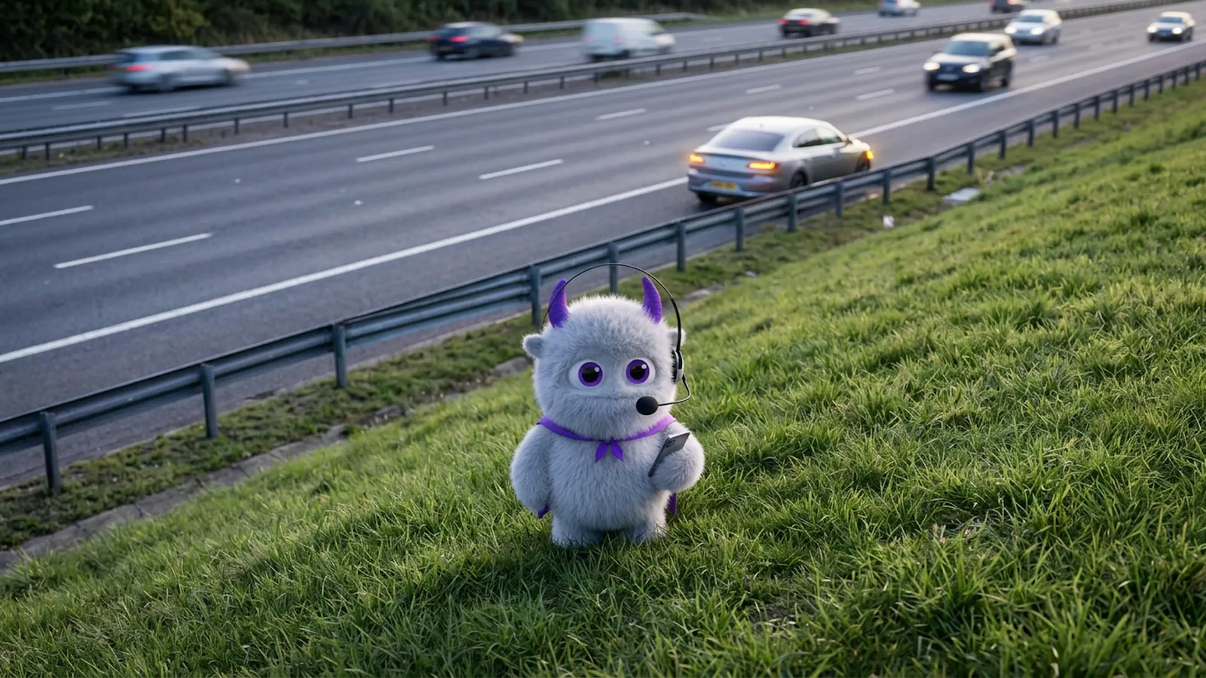 The Claimsline mascot holding a phone on a grassy motorway embankment behind a crash barrier, with a car stopped on the hard shoulder below with its hazard lights on.