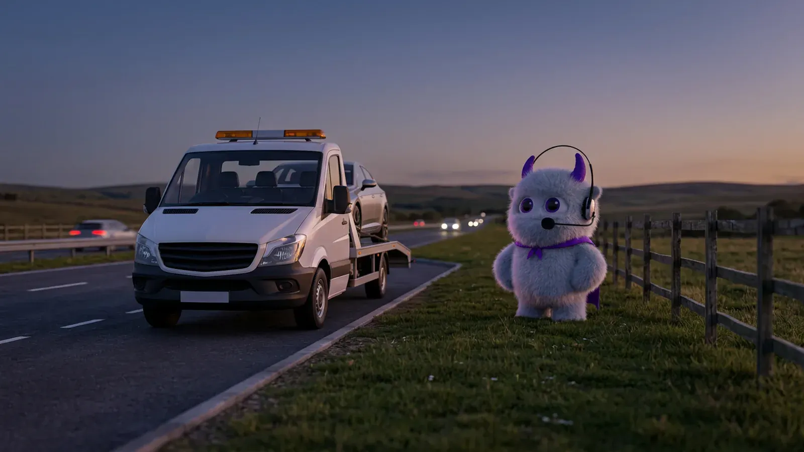 A recovery truck carrying a car stopped at the roadside at dusk, with the Claimsline mascot standing back on the grass verge.