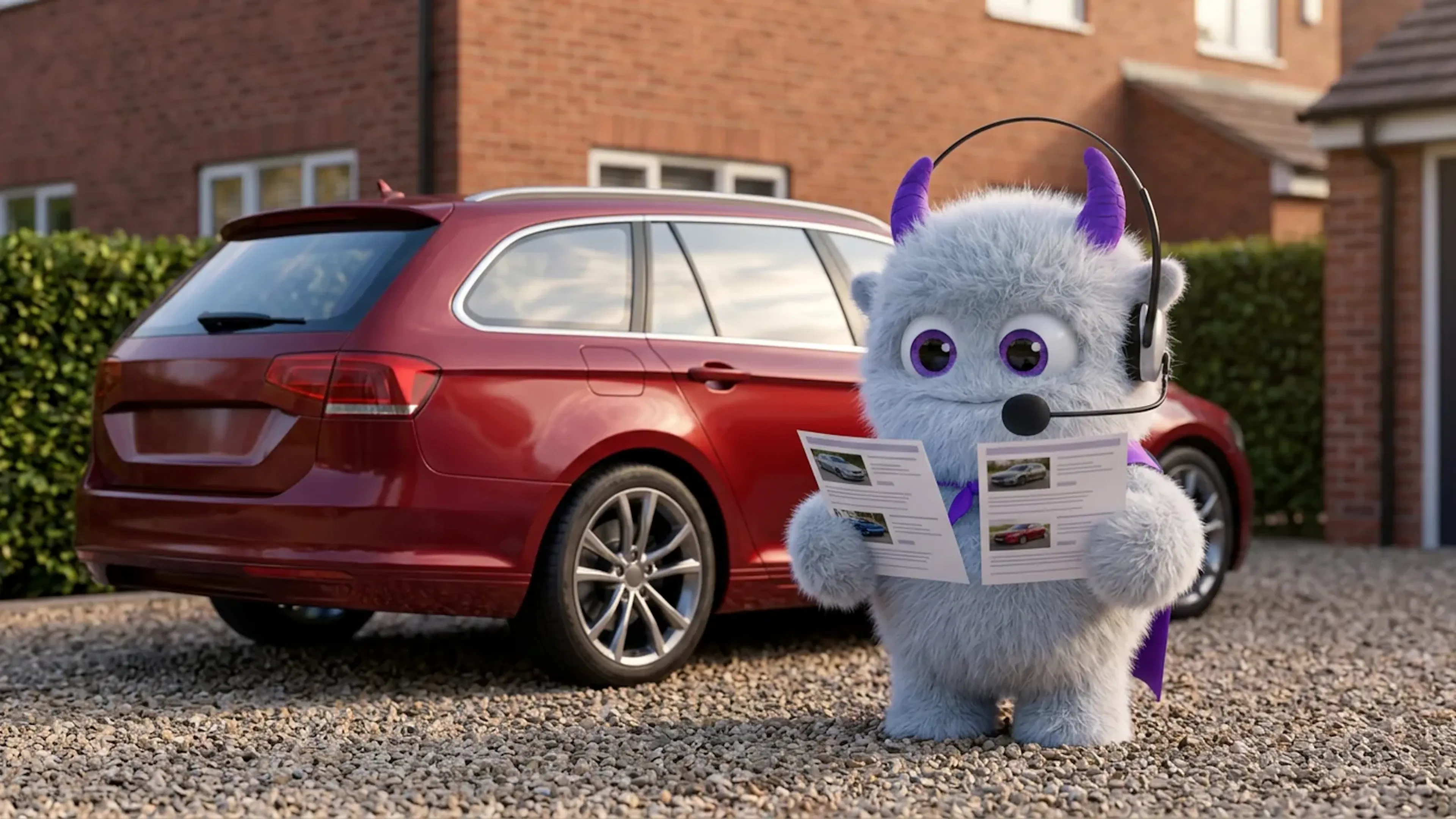 The Claimsline mascot comparing two printed car listings beside a red estate car on a home driveway.