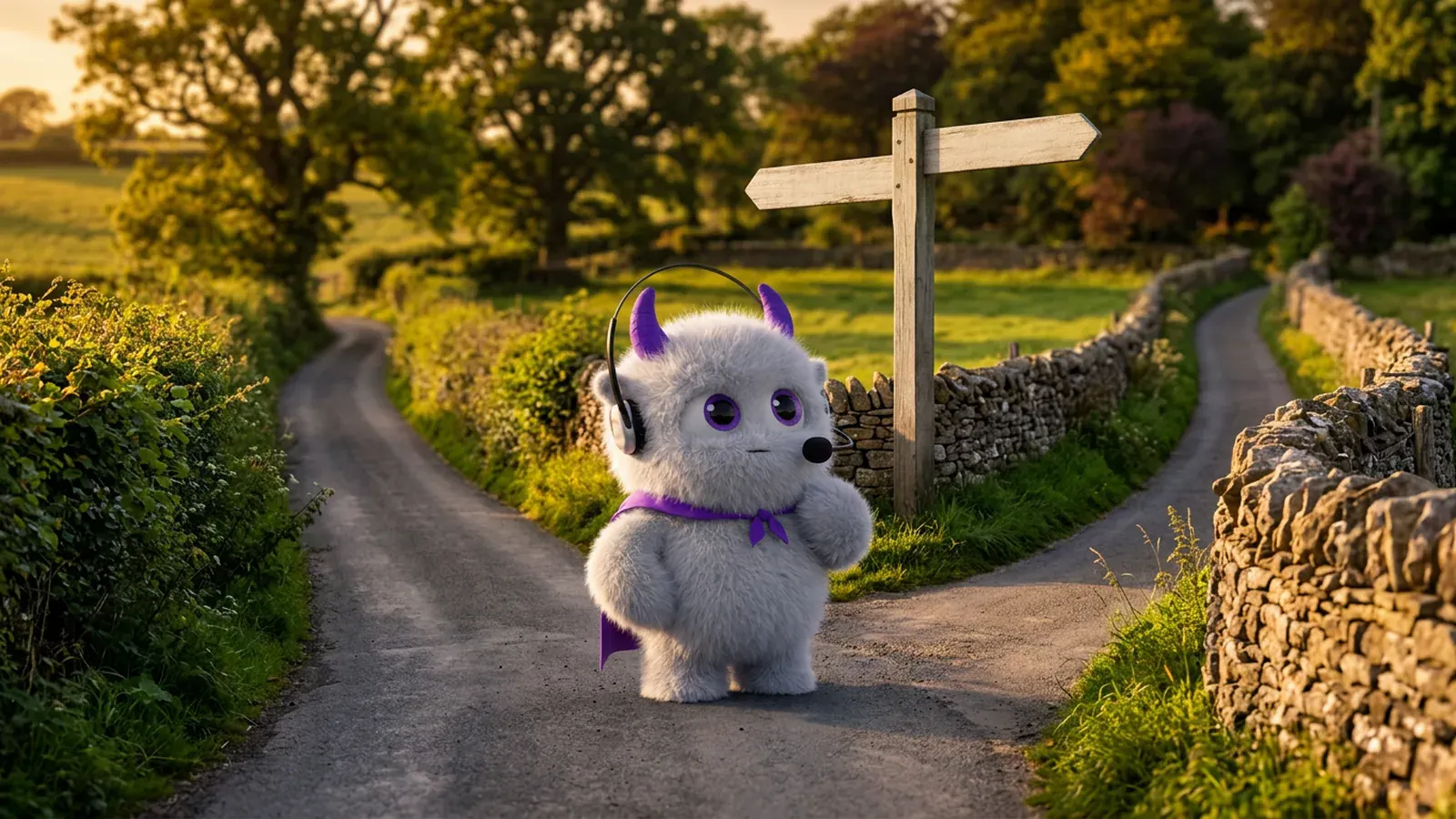 The Claimsline mascot standing where a country lane forks, beside a wooden signpost with blank arms.