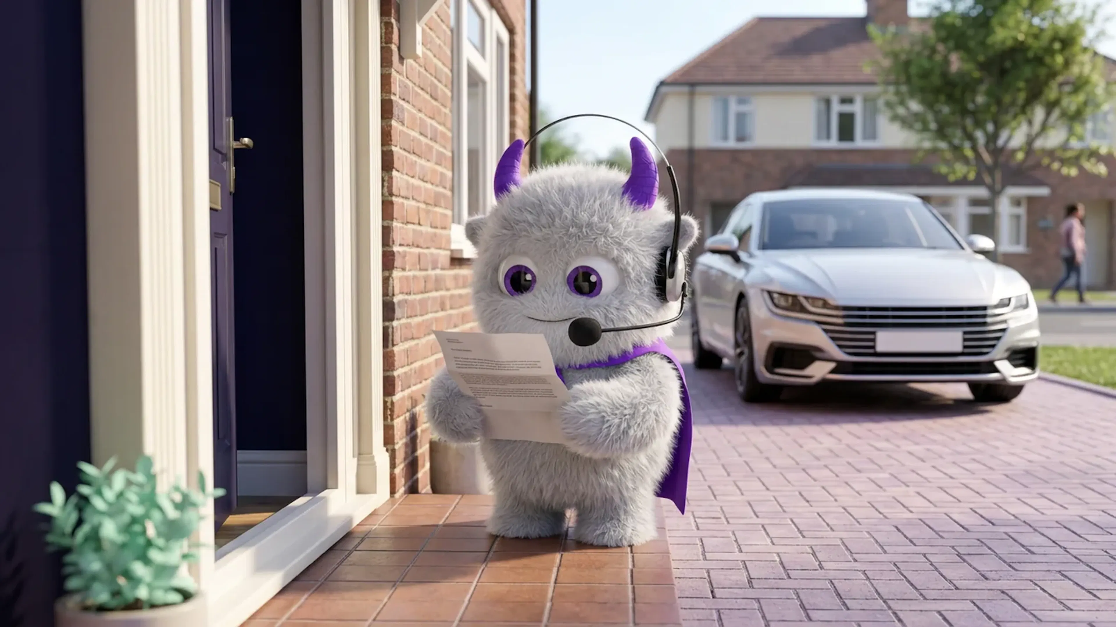 The Claimsline mascot reading a letter at a front door, with a car parked on the driveway behind it.