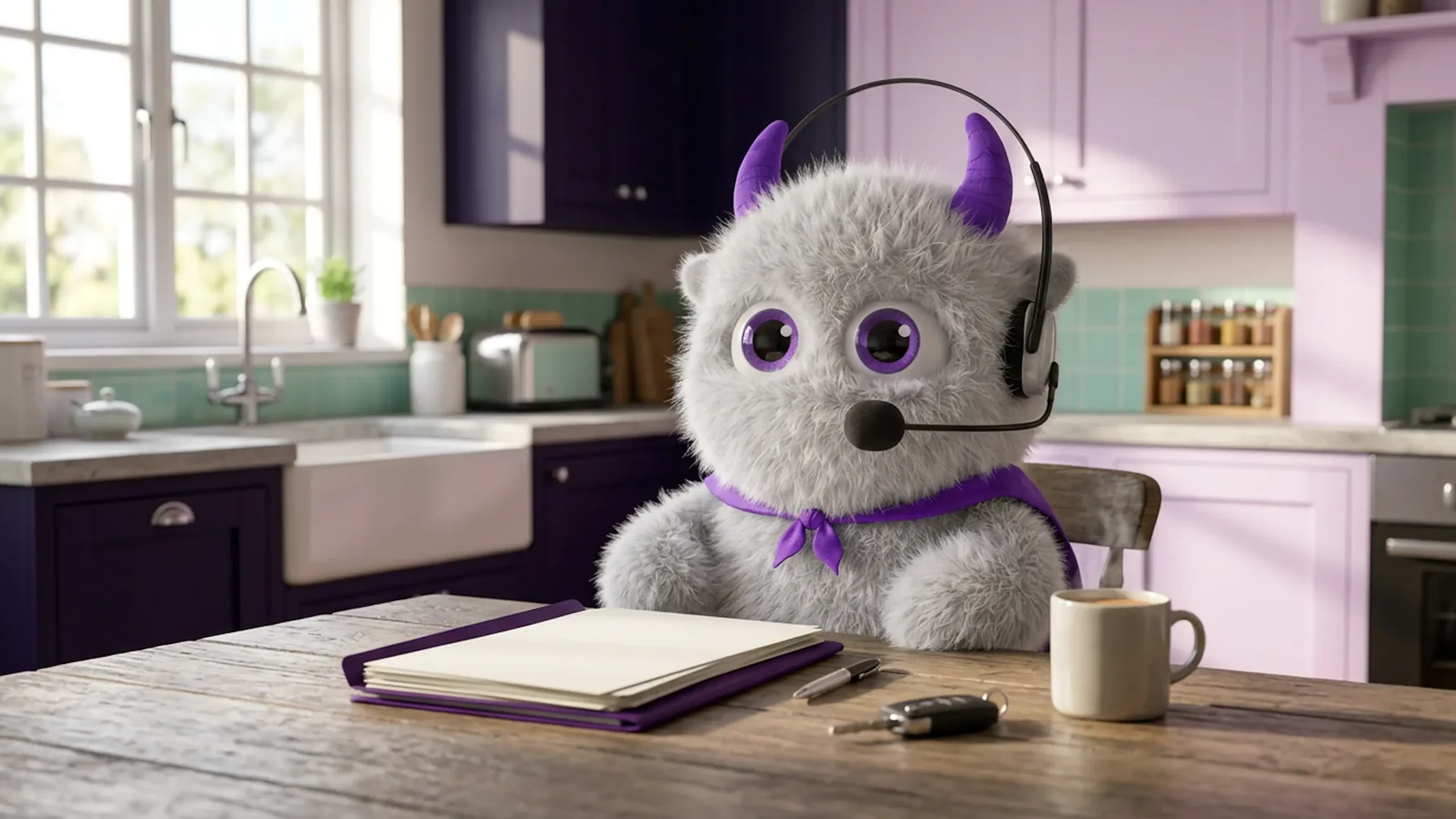 The Claimsline mascot at a kitchen table with a folder of paperwork, a pen, a car key and a mug of tea.