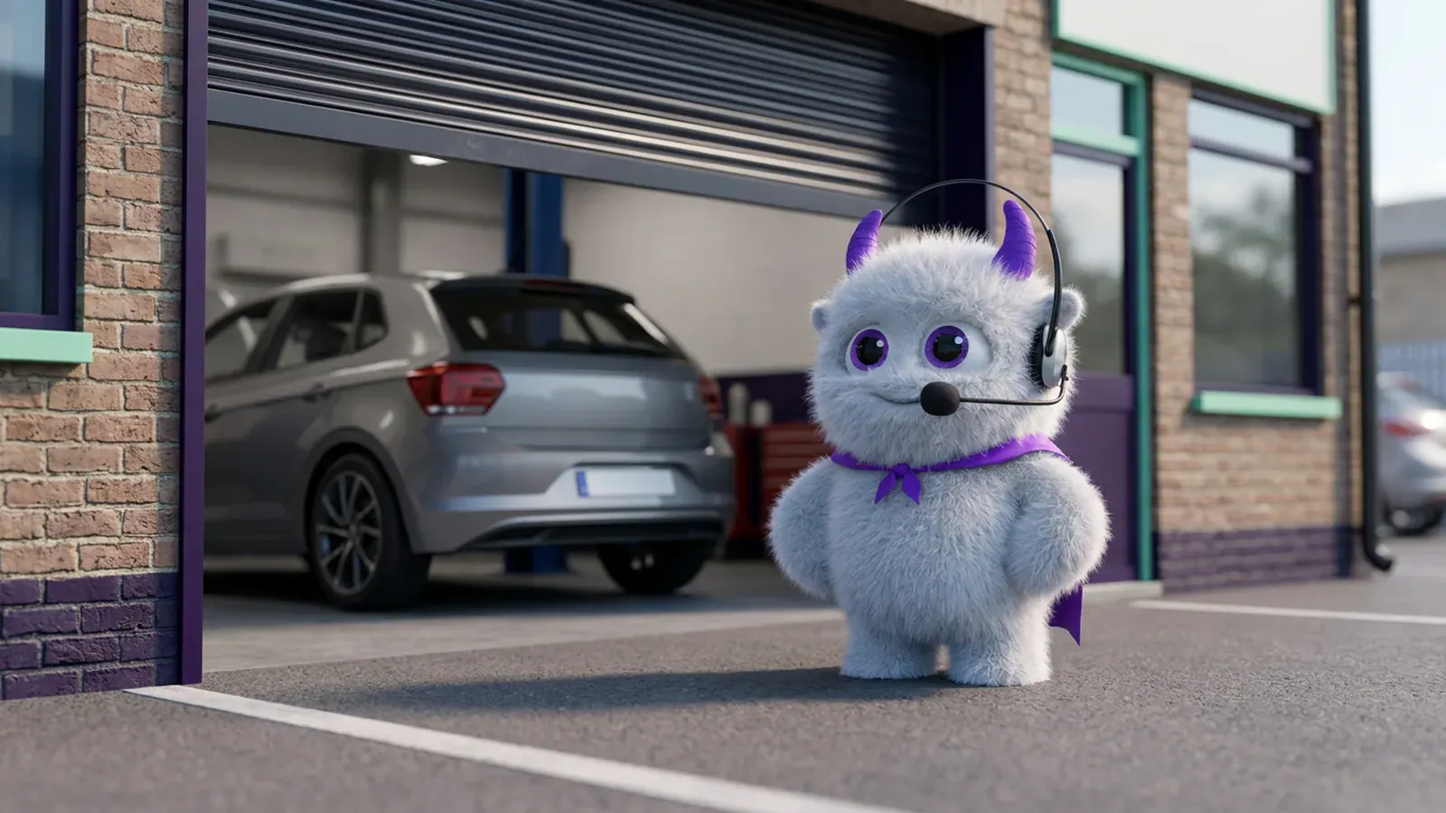 The Claimsline mascot standing outside a small car garage with its roller door half open.