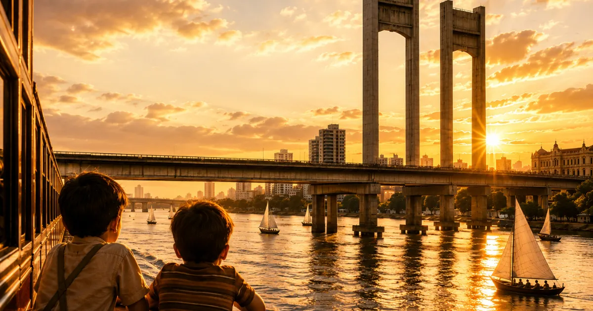 Ilustração em formato horizontal de um pôr do sol sobre o Rio São Francisco. Em primeiro plano, vistos de costas, dois meninos observam a paisagem pela janela de um trem. À esquerda, parte da estrutura do vagão cria a sensação de que o observador está viajando junto com eles. À frente, a Ponte Presidente Dutra, que liga Juazeiro (BA) a Petrolina (PE), cruza o rio. O sol baixo no horizonte atravessa um dos grandes pilares da ponte, espalhando uma luz dourada que se reflete intensamente sobre a água. Pequenos barcos à vela navegam calmamente pelo rio, enquanto, ao fundo, aparecem edifícios das duas cidades sob um céu repleto de nuvens iluminadas em tons alaranjados. A composição transmite um sentimento de encantamento, nostalgia e contemplação, remetendo ao olhar infantil diante da grandiosidade da paisagem.