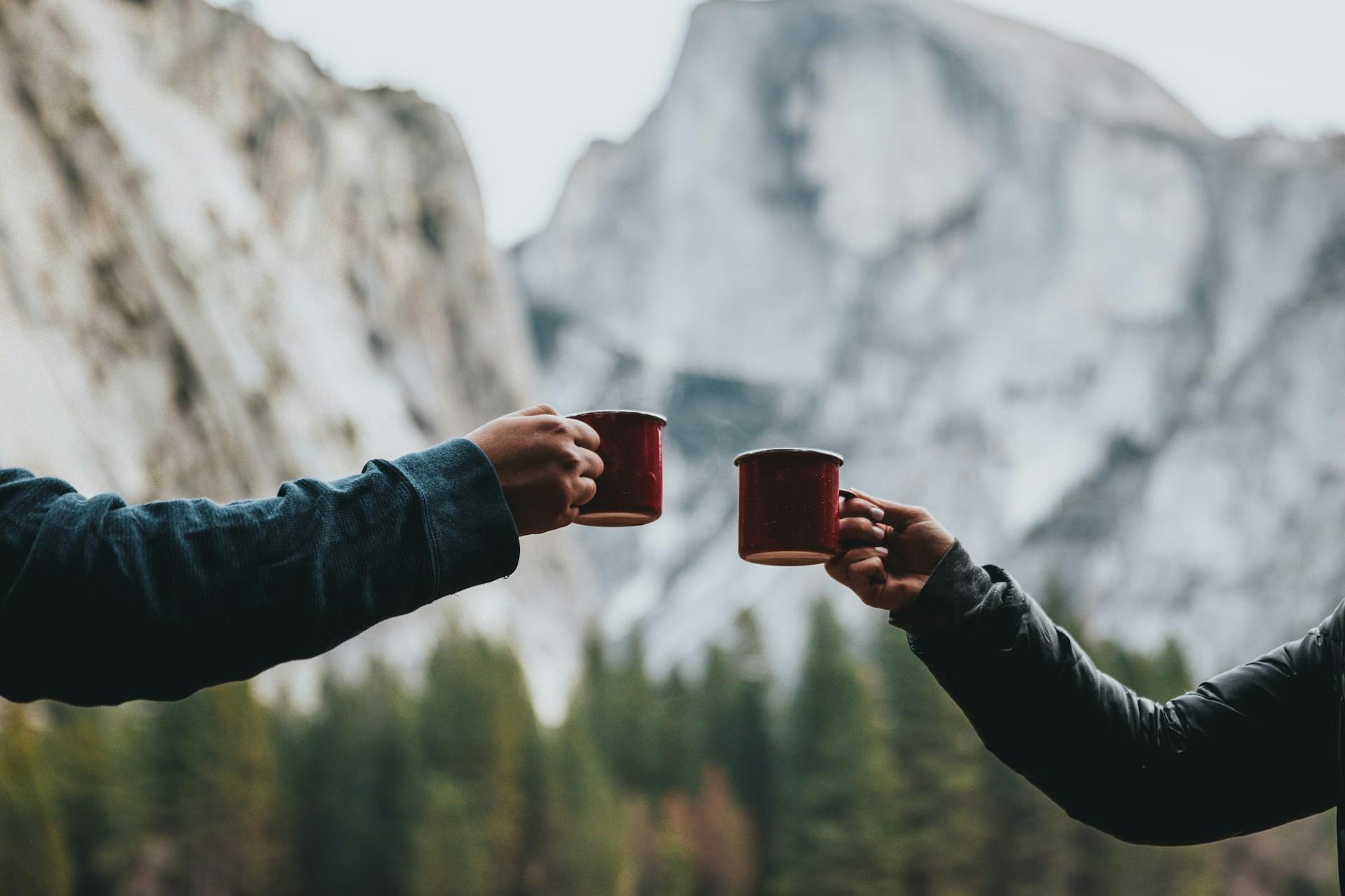 Two arms coming from both side to meet with their mugs in the center with mountains in the background
