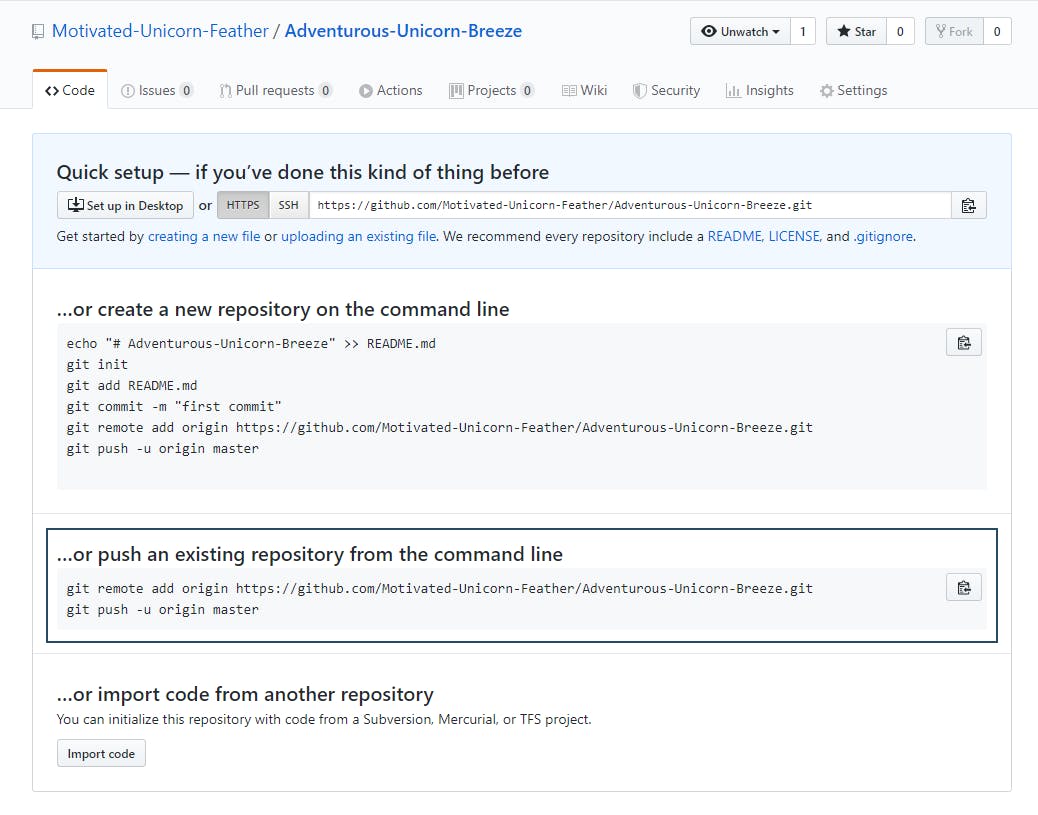 The 3 different ways of setting up a new repo on GitHub, we are going for pushing an existing repository from the command line.