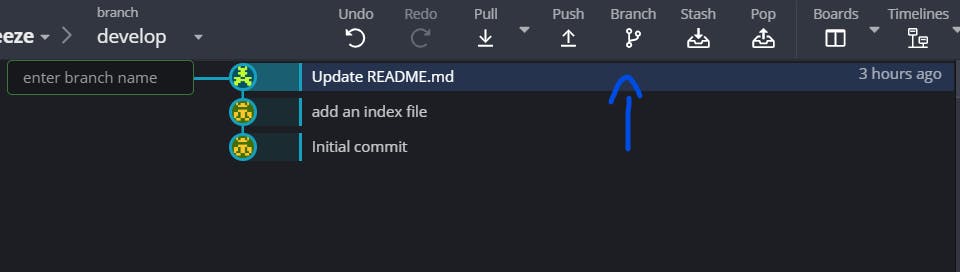 Arrow pointing at the Branch button in GitKraken.