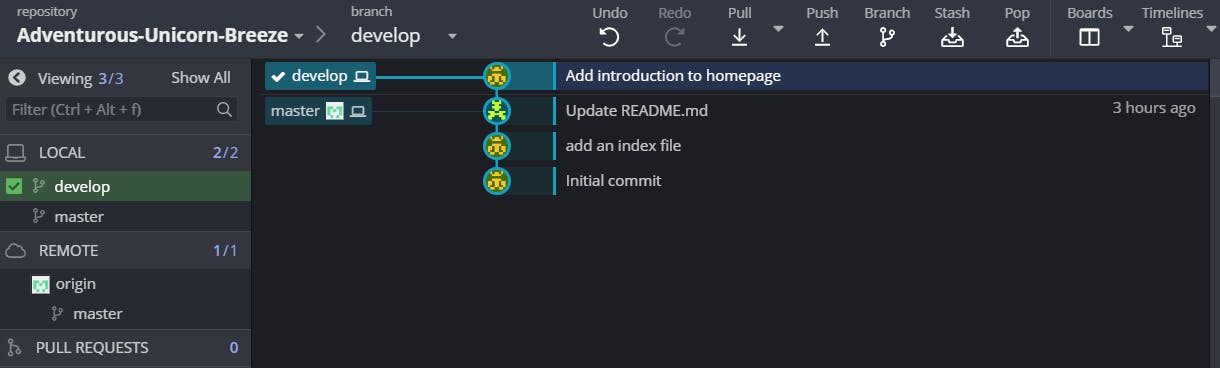 GitKraken overview after a commit was made on our new branch.