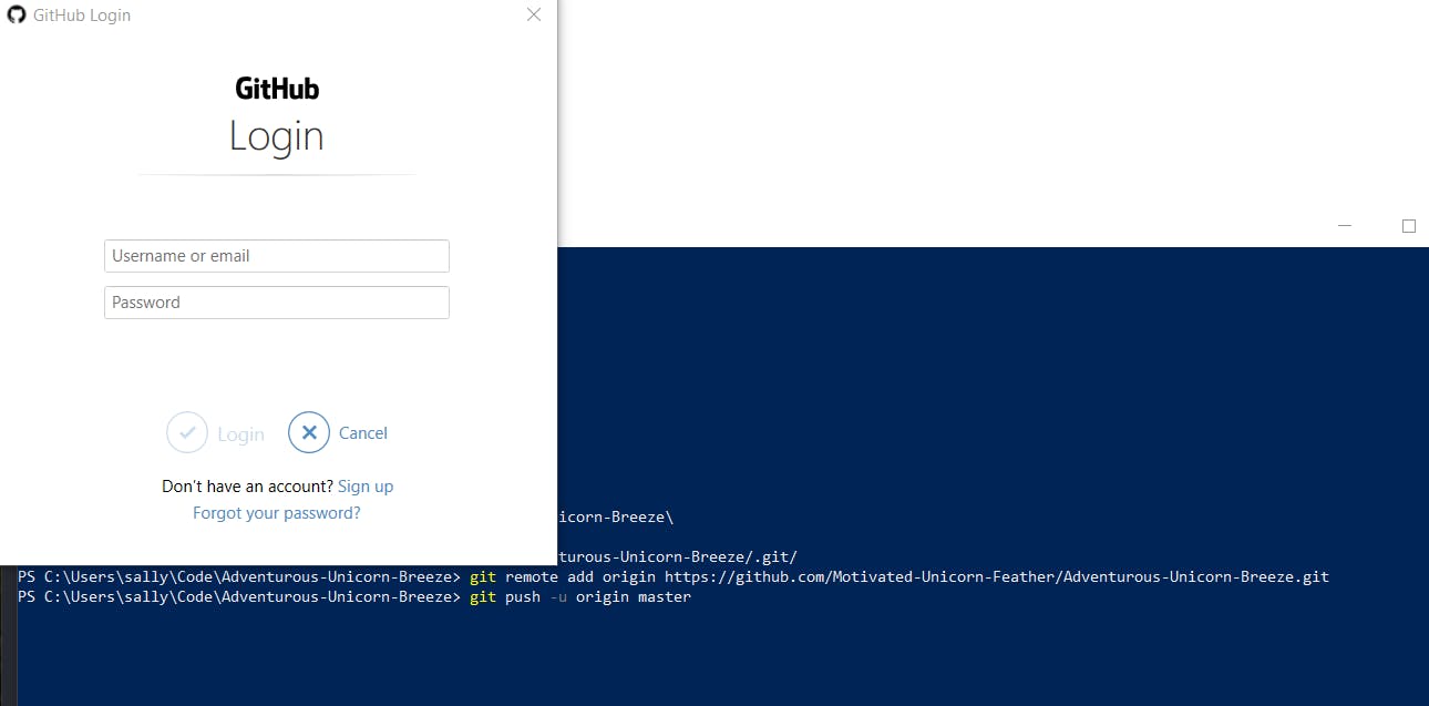 The GitHub popup for your credentials when adding a remote repository.
