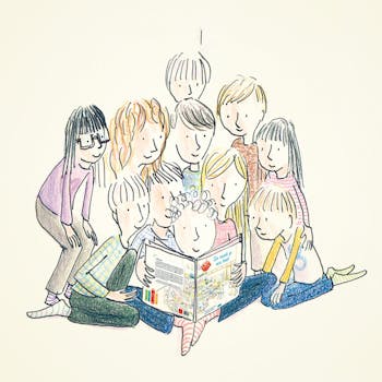 Visual inspiratie-avond voor het onderwijs
Beeld: illustratie waarop verschillende kinderen samenlezen in een boek