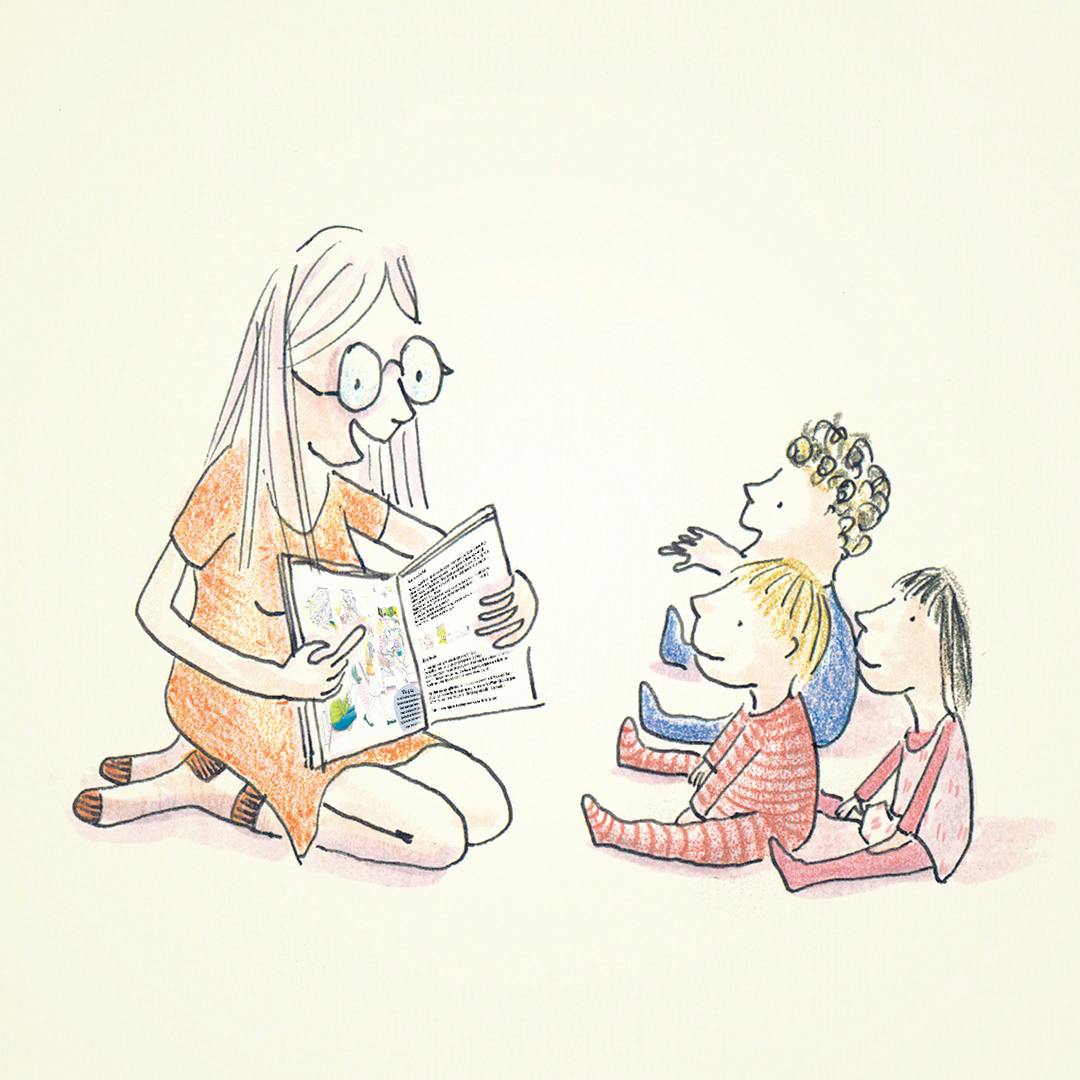 Visual voor de inspiratie-avond voor het onderwijs
Beeld: juffrouw leest voor aan enkele kindjes