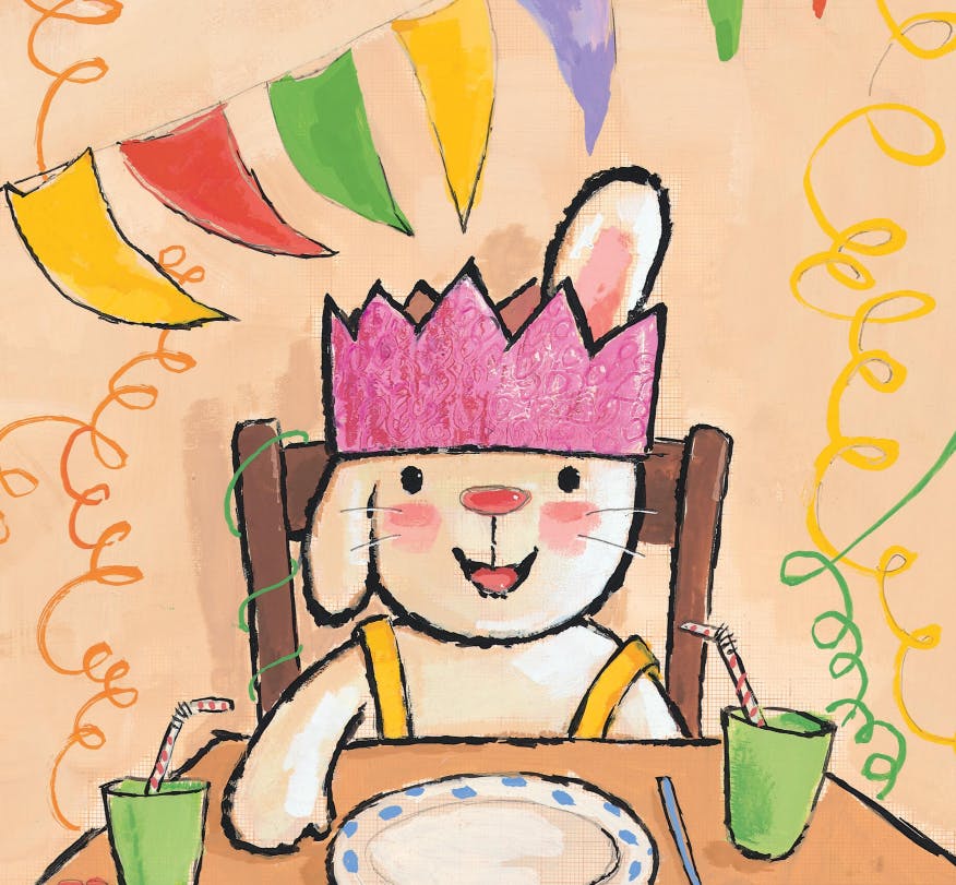 Coverbeeld van Rikki is jarig. Rikki zit aan de feesttafel en draagt een mooie verjaardagskroon. Achter hem hangen slingers en een vlaggenlijn.
