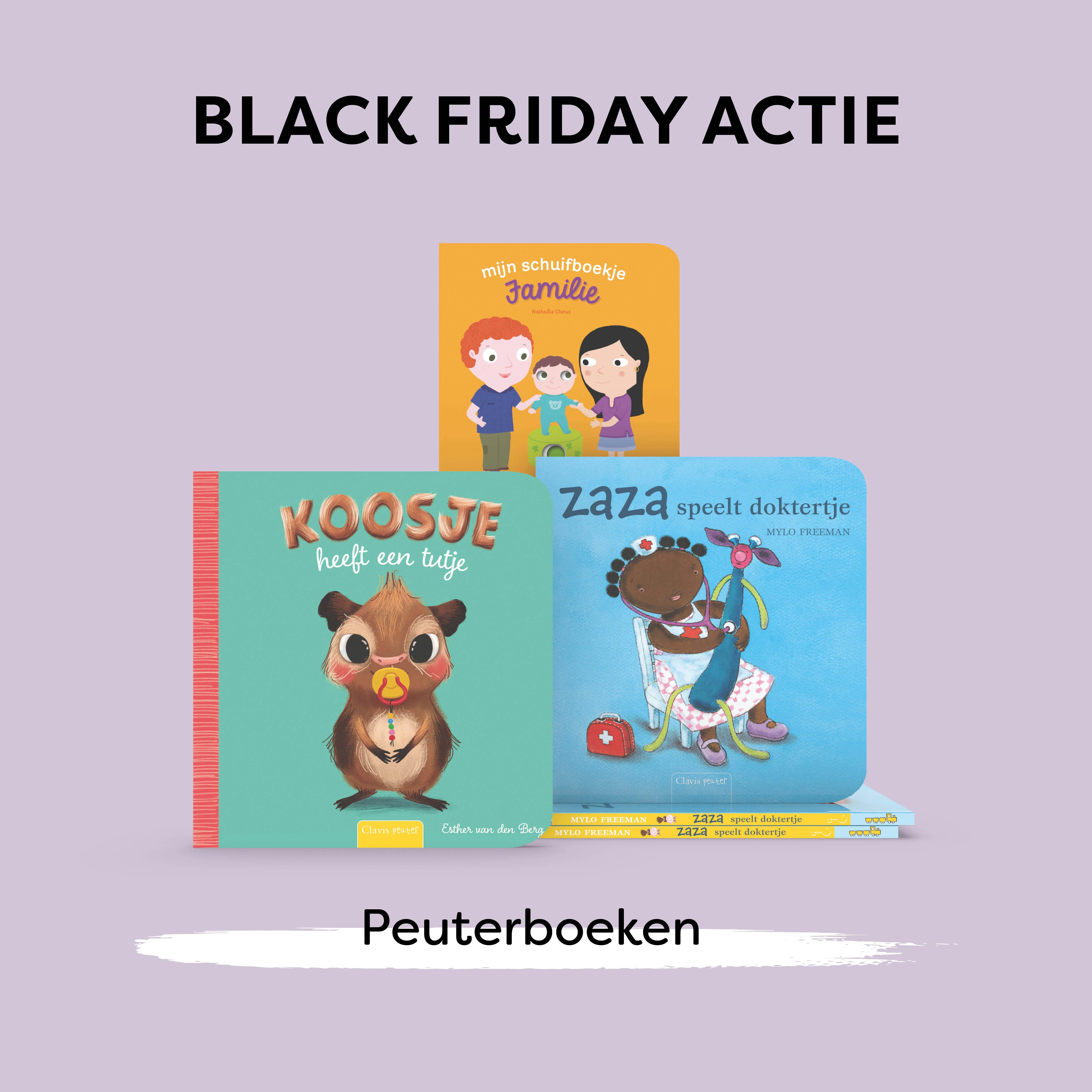 afbeelding van 3 peuterboeken: Mijn schuifboekje Familie + Koosje heeft een tutje + Zaza speelt doktertje met slogan Black Friday Actie peuterboeken