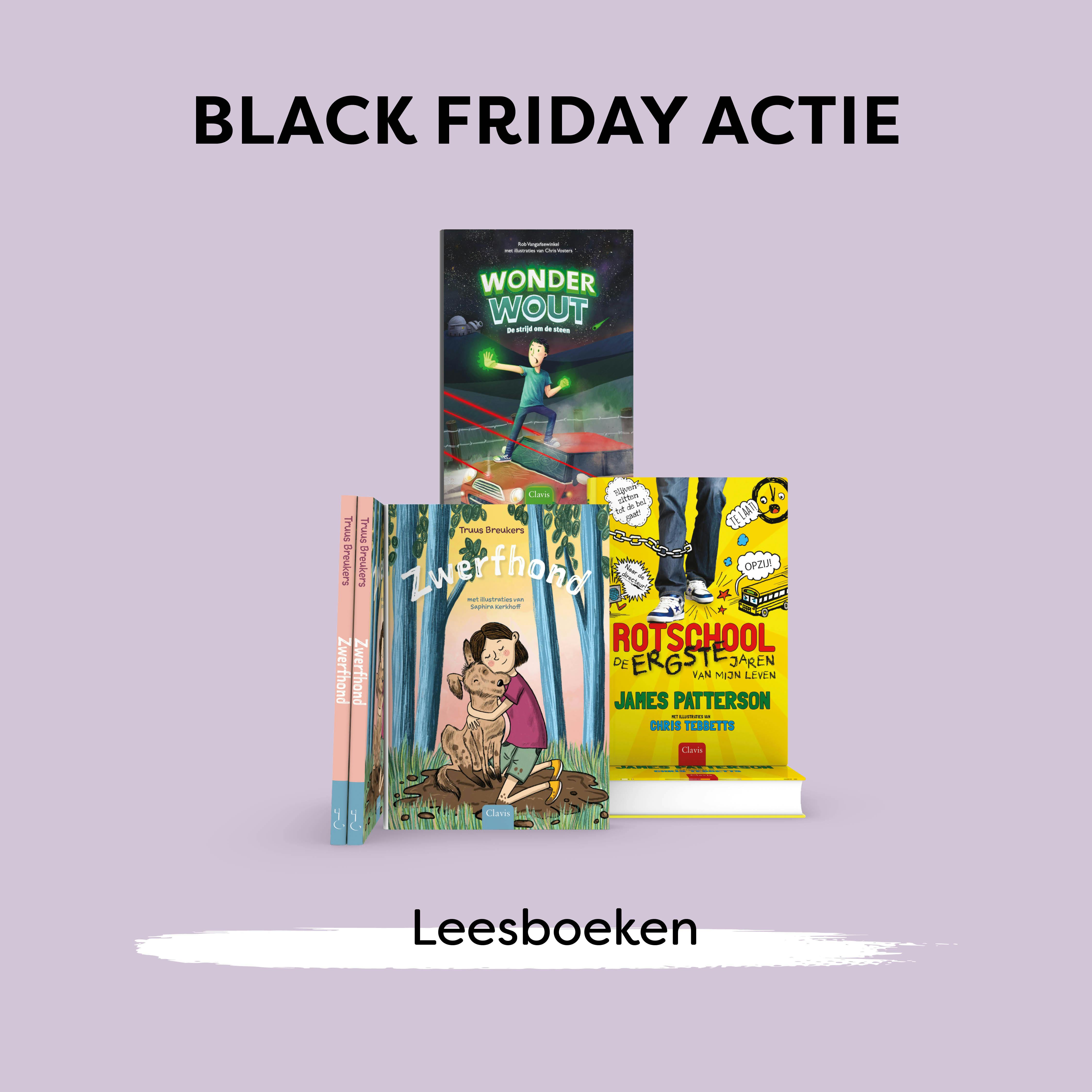 afbeelding van 3 leesboekencovers: De ergste jaren van mijn leven + Zwerfhond + Wonder Wout met slogan Black Friday actie leesboeken