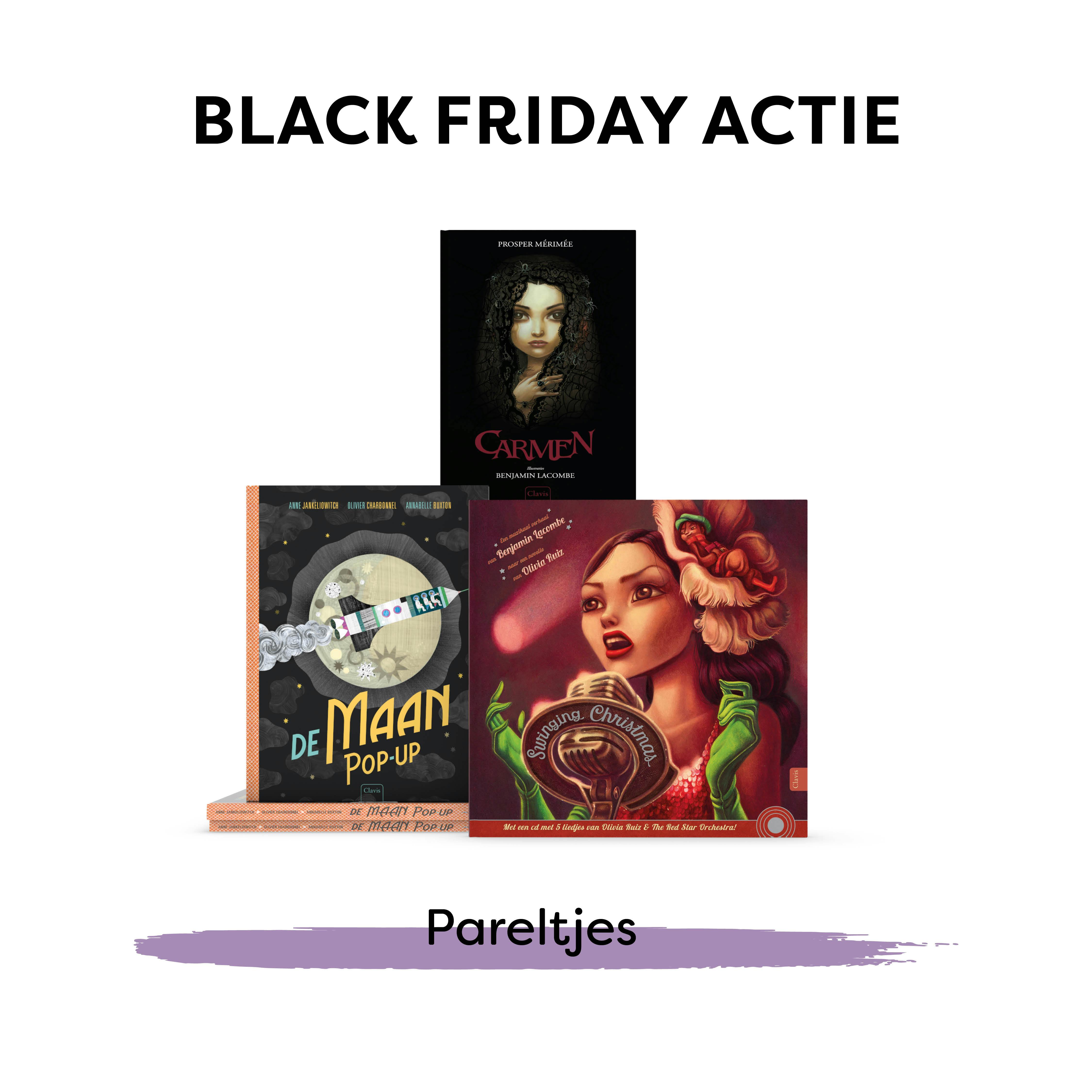 afbeelding van 3 covers Swinging Christmas + De maan pop-up+ Carmen met slogan Black Friday Actie Pareltjes