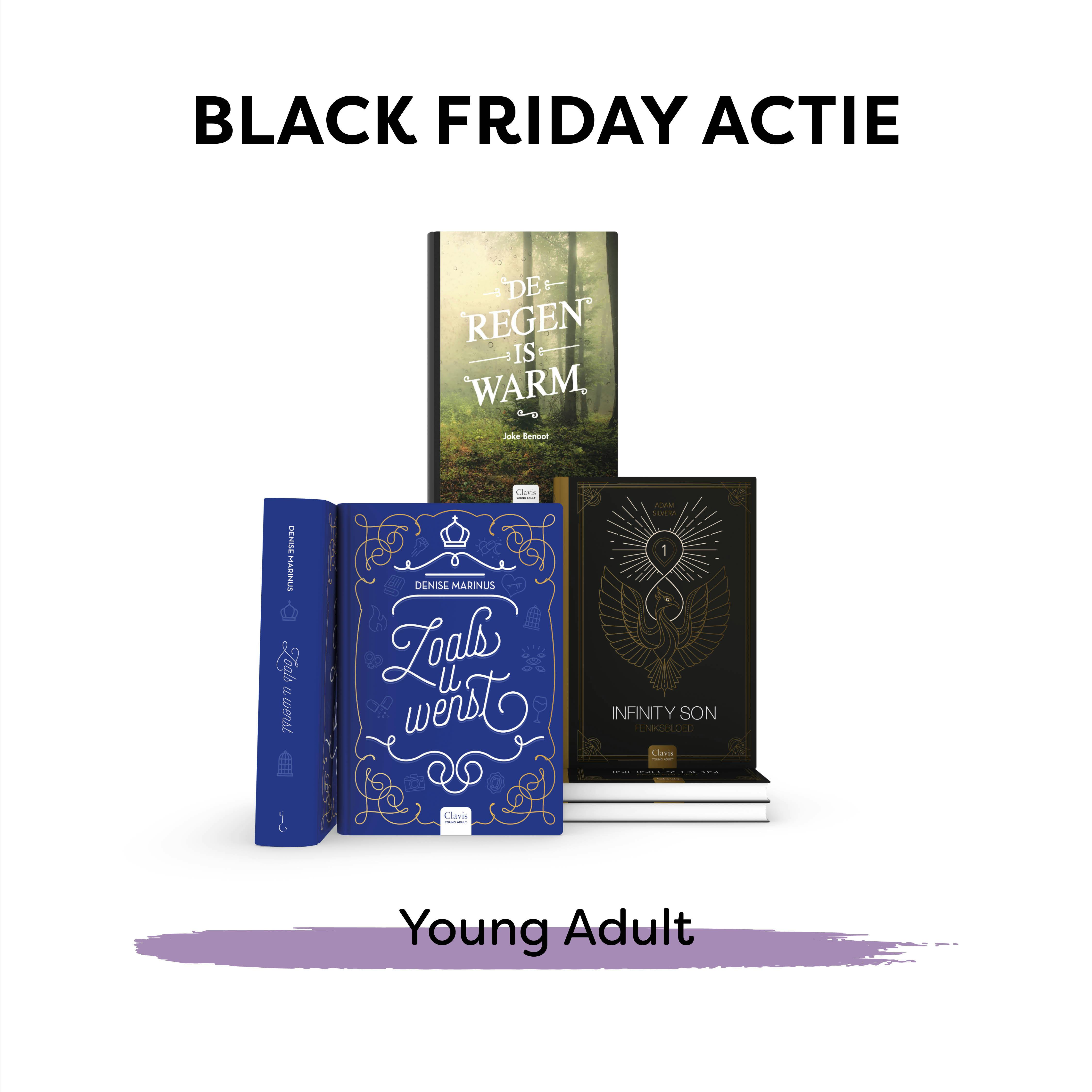 afbeelding van 3 YA covers: De regen is warm + Feniksbloed + Zoals u wenst - met slogan Black Friday actie Young Adult