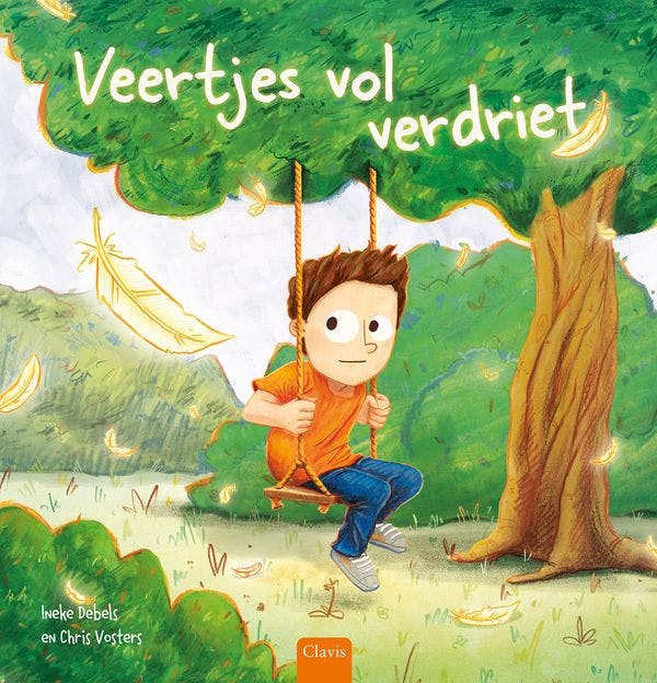 afbeelding van jongen op een schommel, naast hem dwarrelen veertjes, de titel luidt Veertjes vol verdriet