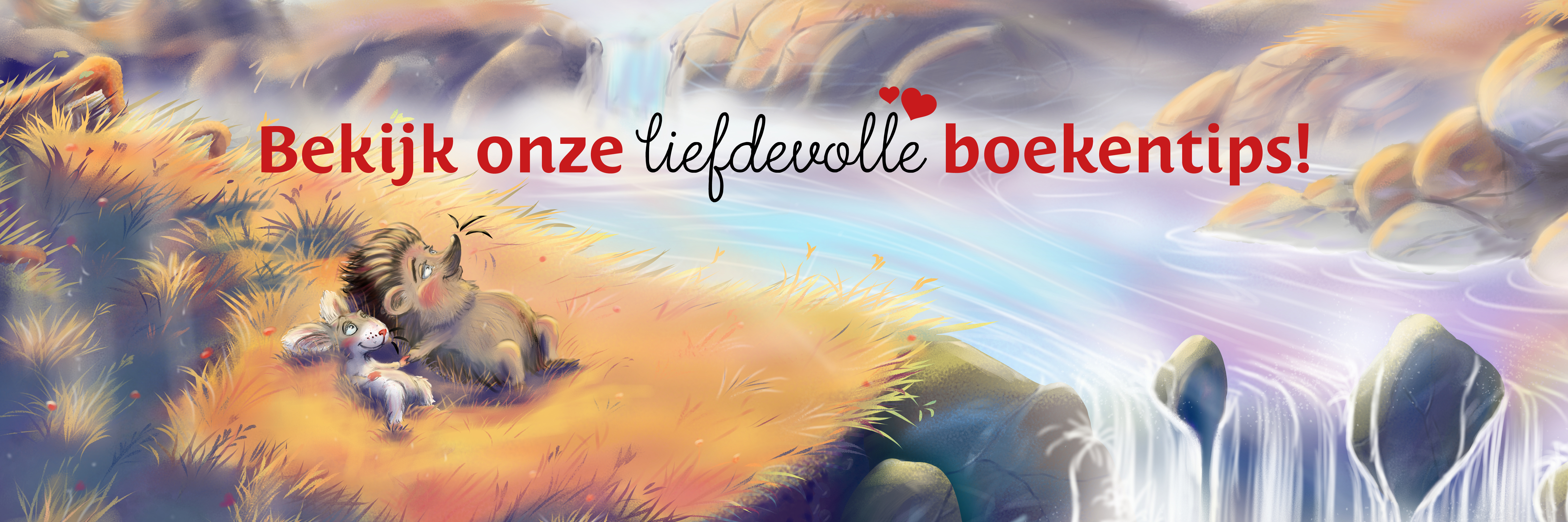 Liefdevolle banner met een schattige illustratie van een egel en een konijn bij een waterval.
