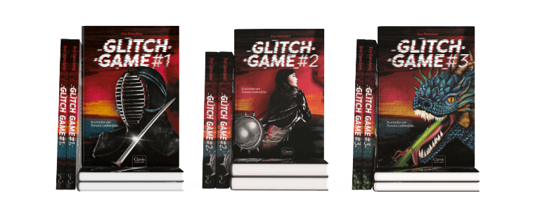 Glitch Game boekenserie – Drie spannende fantasyboeken met epische avonturen, geïnspireerd door gaming, met opvallende covers van een zwaardvechter, ridder en draak.