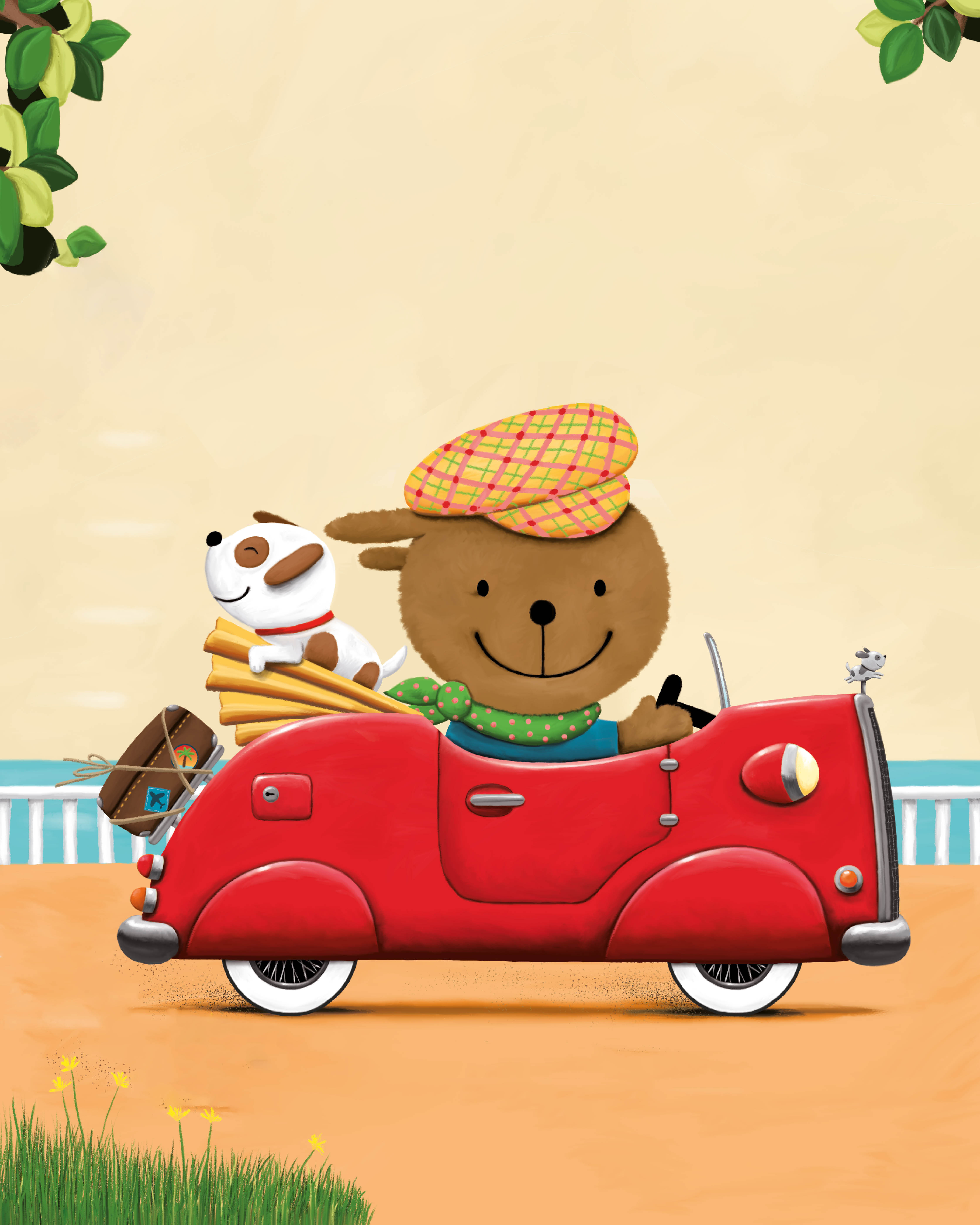 Illustratie van Bobbie en zijn hondje Trix in een rode auto – promotie voor een gezinsvriendelijke zoektocht door het centrum van Lommel.