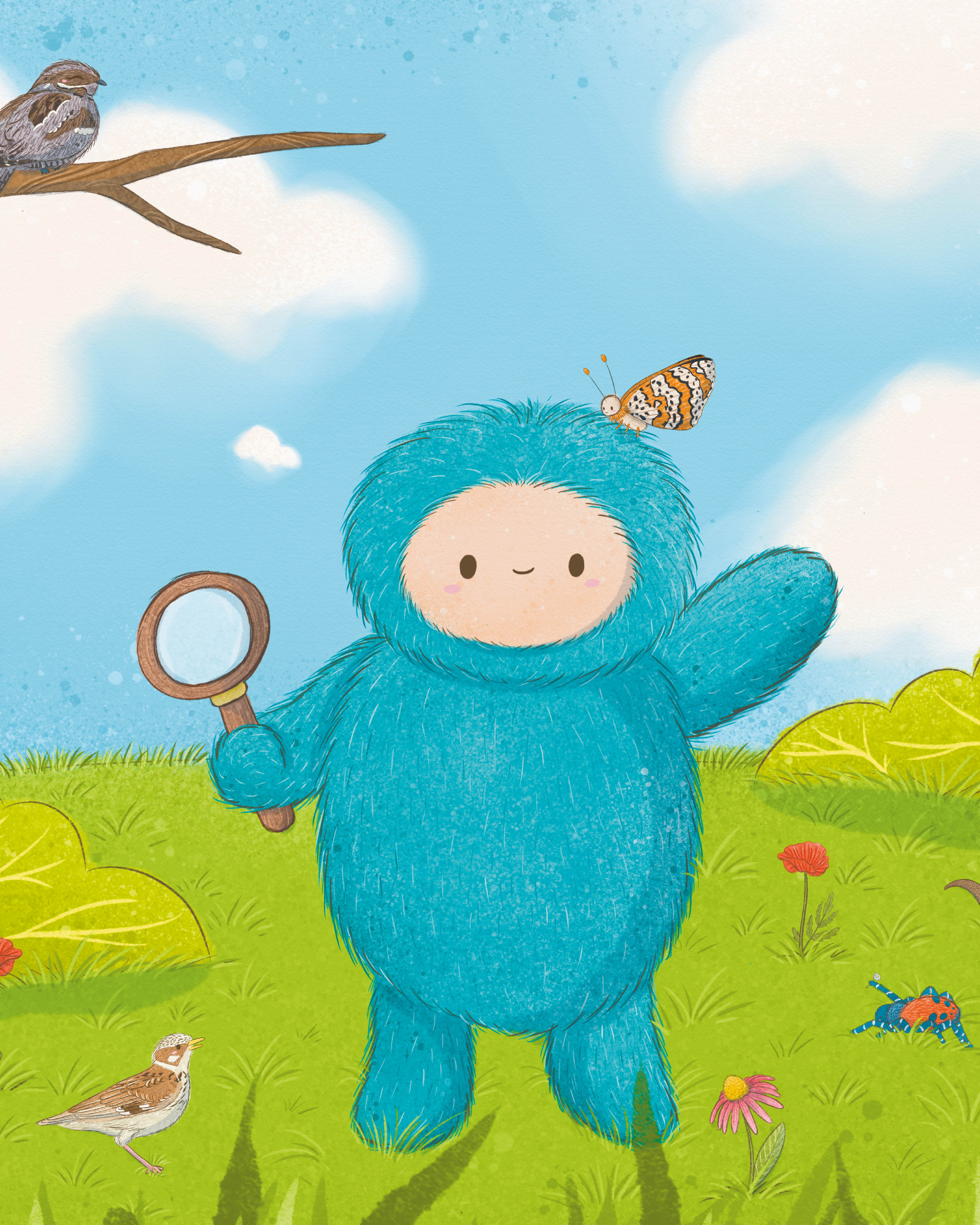 Illustratie van Willow, een blauw pluizig figuurtje met een vergrootglas, omringd door bloemen, insecten en vogels in een groene weide onder een blauwe hemel – promotie voor de natuurzoektocht in Brakel.