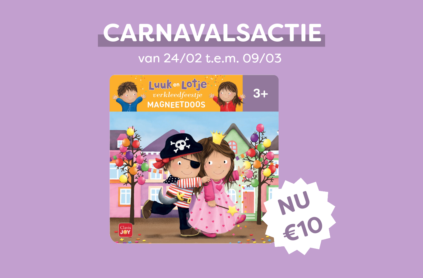 Een paarse afbeelding met de tekst "CARNAVALSACTIE van 24/02 t.e.m. 09/03". In het midden staat een afbeelding van de magneetdoos Verkleedfeestje van Luuk en Lotje, waarop een jongen verkleed als piraat en een meisje verkleed als prinses te zien zijn. Rechts onderaan een witte stervormige badge met de tekst "NU €10