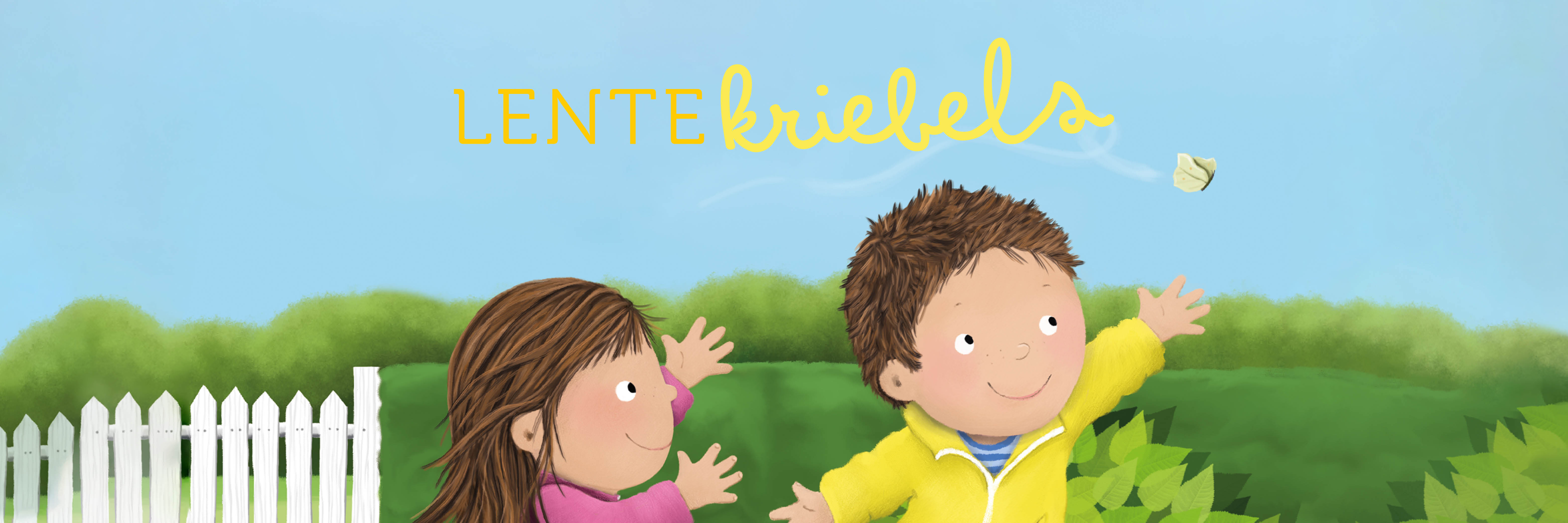 Luuk en Lotje lopen door de tuin achter een vlinder aan. In de lucht staat geschreven: Lentekriebels. 