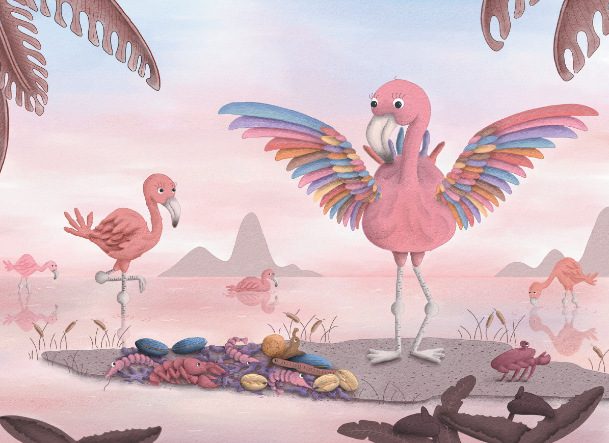 Een afbeelding uit het boek Flamingo Fien lust geen roze waarbij de veren van Fien haar vleugels verschillende kleurtjes hebben. 